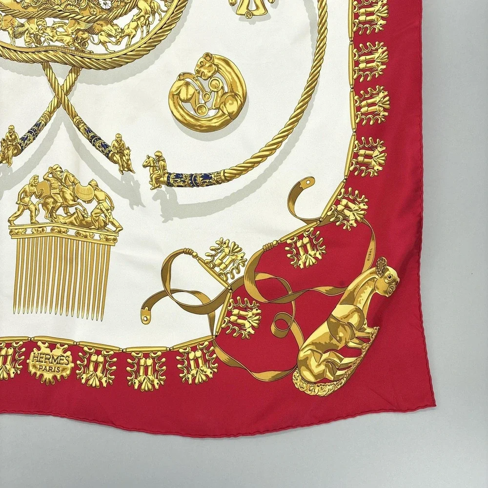 Hermes Scarf Silk Red Gold Les Cavaliers D'Or Horse Print Square Carre 90 VTG